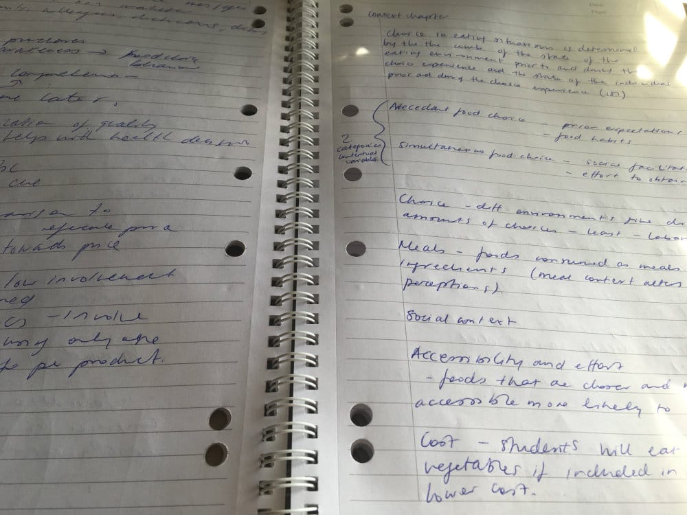 written notes on an assignment - food choice