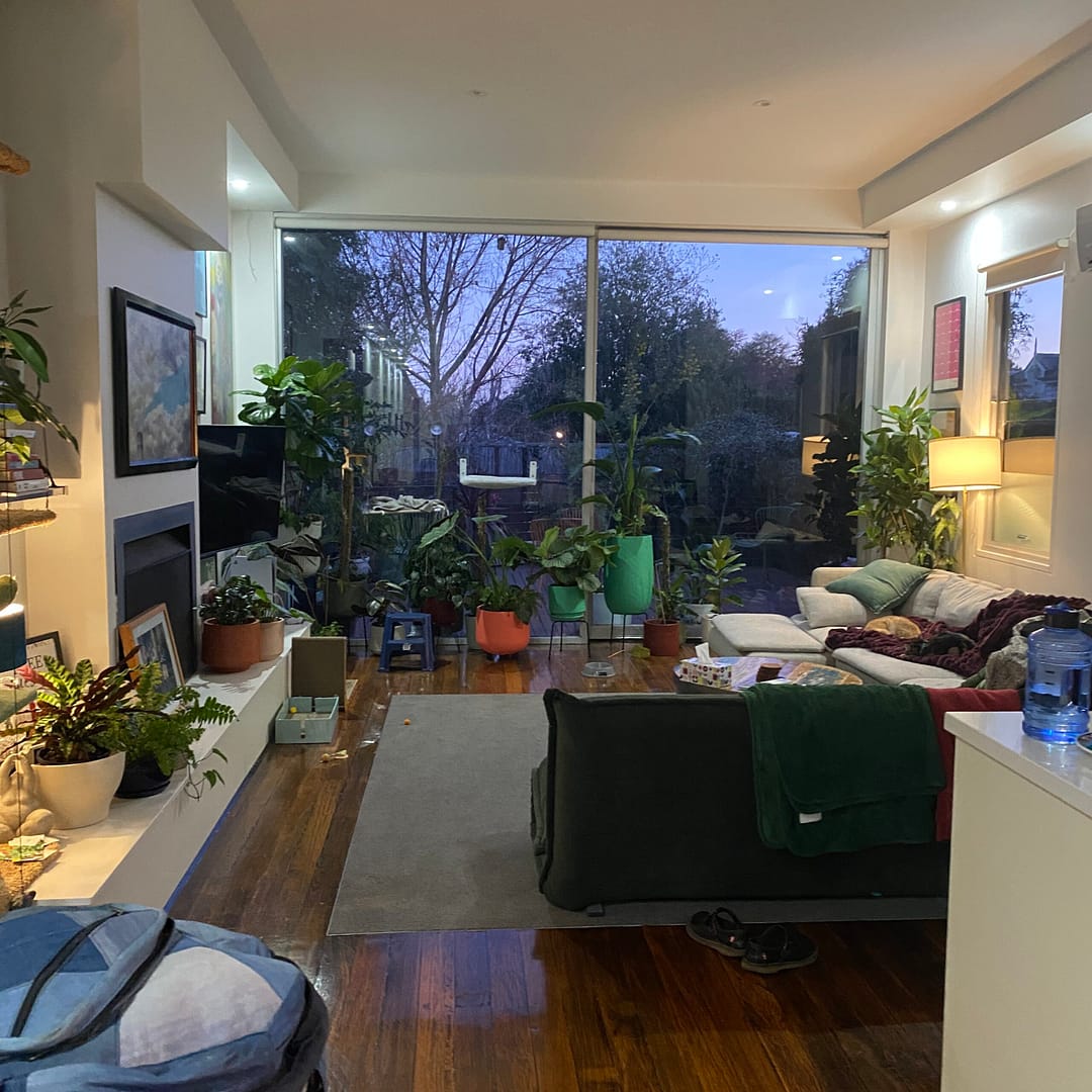 view to the deck through the living room in my house sit - can see lots of plants, art and beautiful, modern furniture